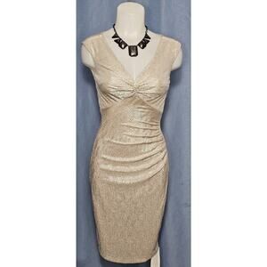 Caché Metallic Silver Ruched Knot Front Bodycon Dress Sz 0 NWT Holiday Cocktail